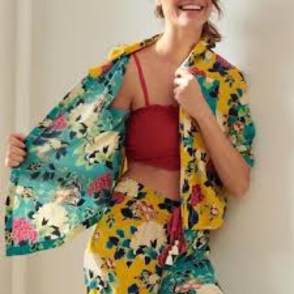 New🌟Anthropologie- Sweet Dreams Chartreuse Floral Lounge Set - Picture 3 of 8